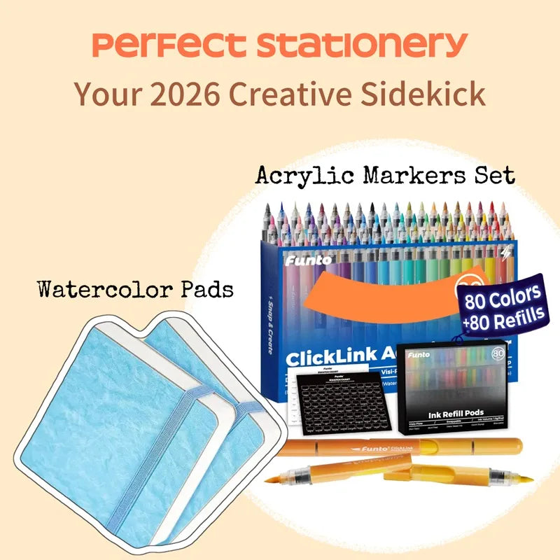 80 Colors ClickLink Acrylic Markers Set + 2 Pack 100% Cotton Watercolor Journal